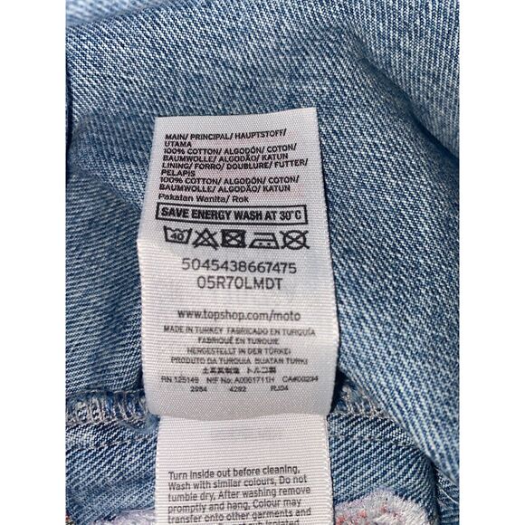 Topshop Moto Floral Embroidered Denim Mini Jean Skirt Raw Hem Size 8 - Picture 7 of 8